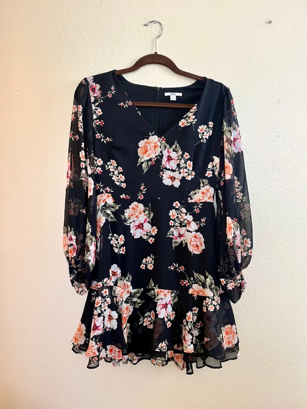 Bar III Black Floral V-Neck Ruffle Mini Dress - Picture 2 of 6